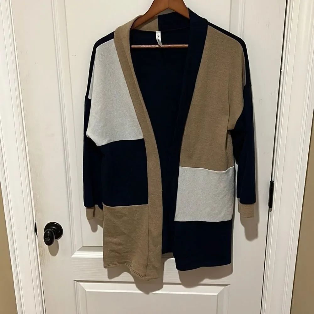 Emerald Blue and Tan Color-blocked Cardigan